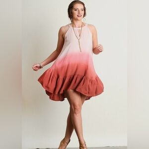 Umgee Boho Berry Ombre Halter Ruffle Dress Size S